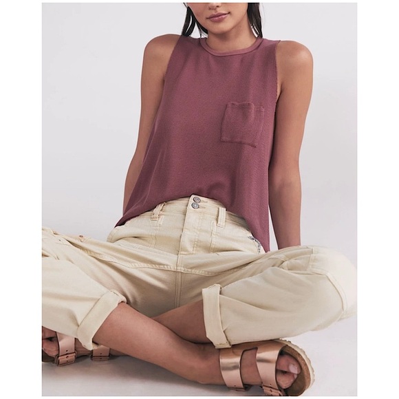 NWT THREADS 4 THOUGHT Burgundy Organic Cotton Sleeveless Crewneck Pocket Tank L - Picture 1 of 9